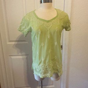 Traditional Indian Embroderied Sheer Lime Green Pull-Over Top  NWOT
